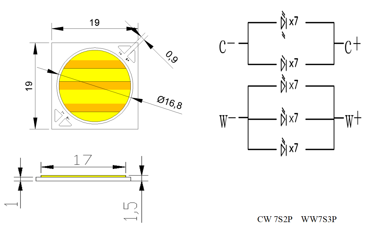 1919 Bi-Color COB LED Chip High CRI 90 7W+7W 300mA With Wide Viewing Angle