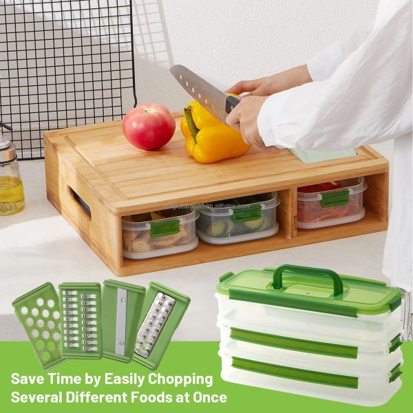Hotel Bamboo Cutting Board With Containers And Locking Lid And Graters For Home and Bar