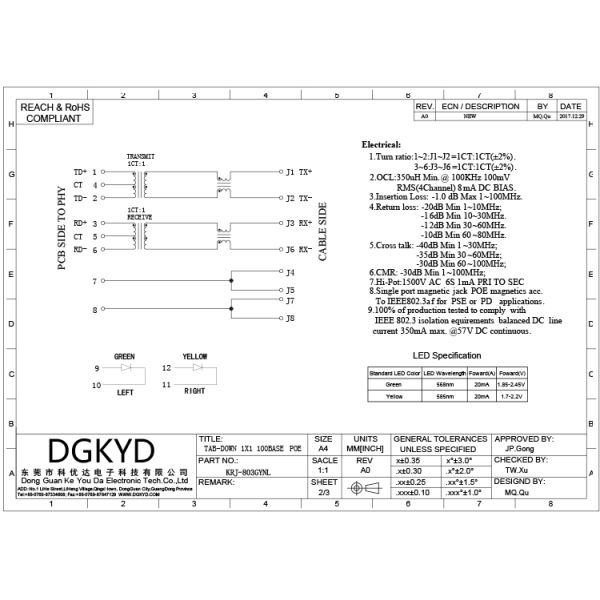 PoE Ethernet modular jack RJ45 with Transformer Single Port Telecom Connector, LED's