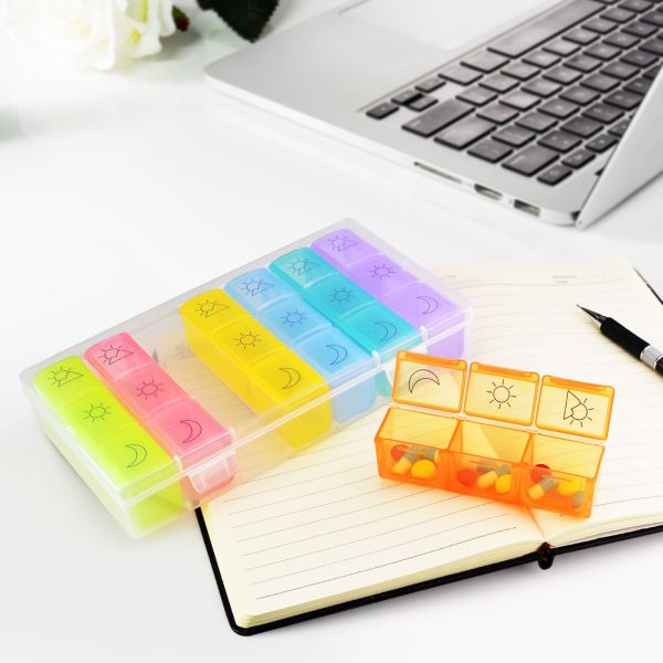 14 Day 2 Week Plastic Pill Dispenser Case For Seniors Colorful 21 Compartments