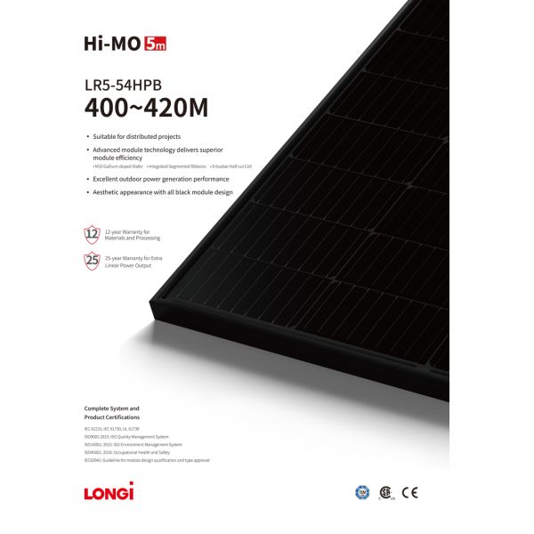Longi LR5-54HPB 108 Cell Solar PV Module Panels 405w 410W 415w For Home