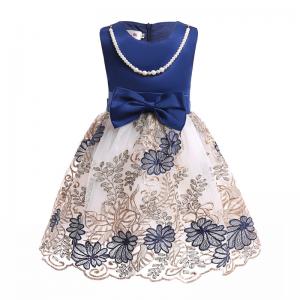Buy cheap O-Neck Satin Girl Dress Embroidered Mesh Dress Dark Blue Pearl Necklace Dresses Disfraz Rapunzel Niña Enfant Girls Winte product