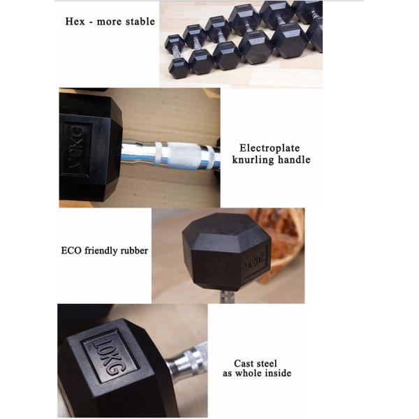 2.5kg to 40kg hex black rubber coated cast iron fixed dumbbell for wholesales