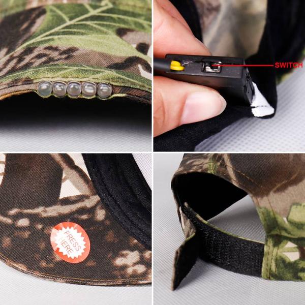 5 LEDs Soft Cotton Baseball Caps Camo Adjustable Strap Velcro Closure With Lights