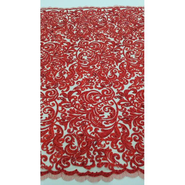 125cm Red Embroidered Beaded Lace Fabric , Beaded Bridal Lace By The Yard