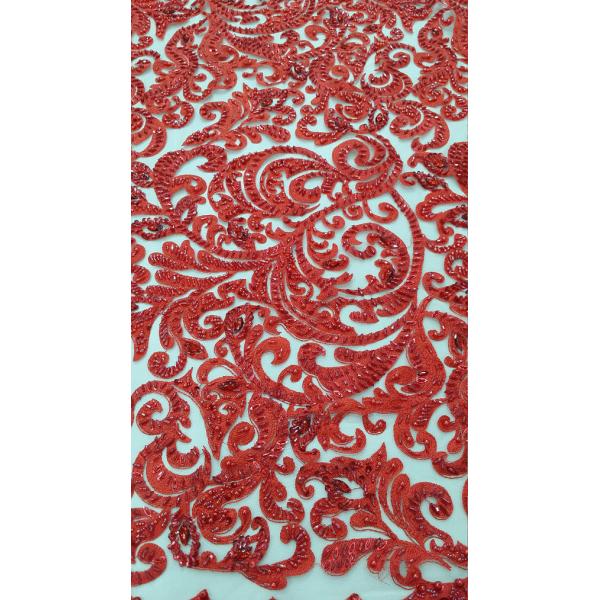 125cm Red Embroidered Beaded Lace Fabric , Beaded Bridal Lace By The Yard