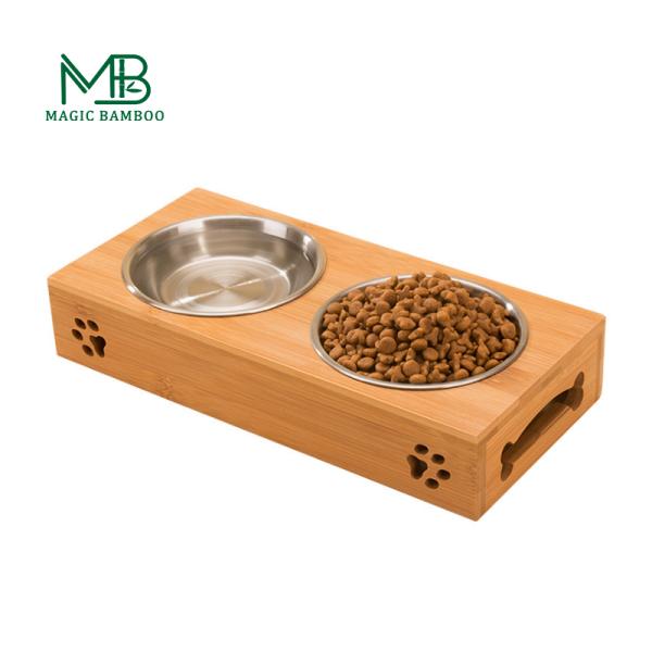 Eco Friendly Bamboo Raised Dog Bowl Feeder Rectangle For Cats
