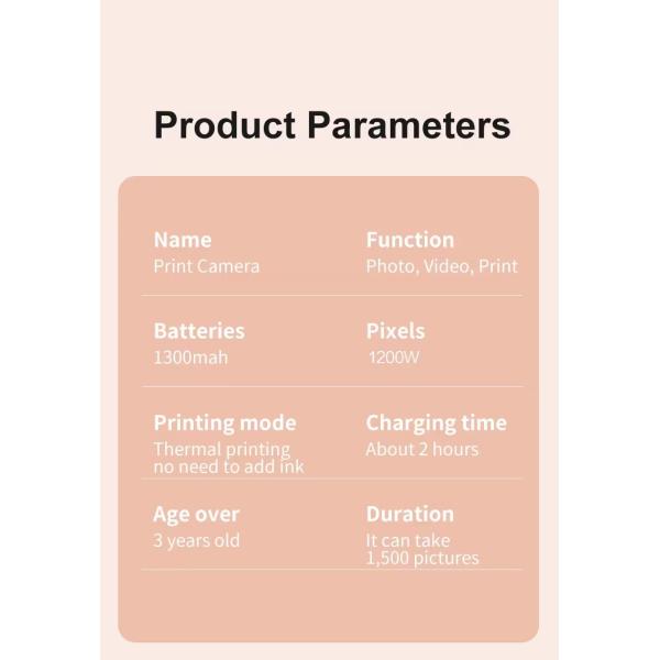 V600 Children Digital Camera Instant Print Photos For Kids Toys Recording Time is About 120 Minutes