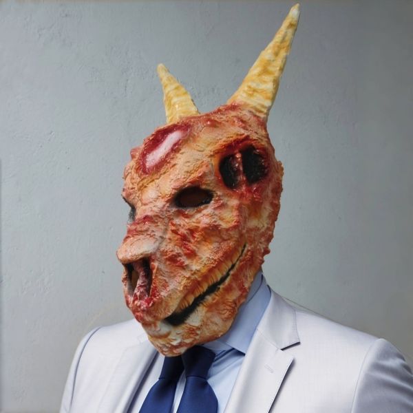 Realistic Goat Skull Demon Mask with Hyper-Detailed Latex Surface Poseable Ribbed Horns and Hollowed-Out Eye Sockets