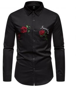 China Apparel Custom Factory China Men'S Polyester Blend Casual Long Sleeve Rose Embroidery Square Neck Shirt on sale