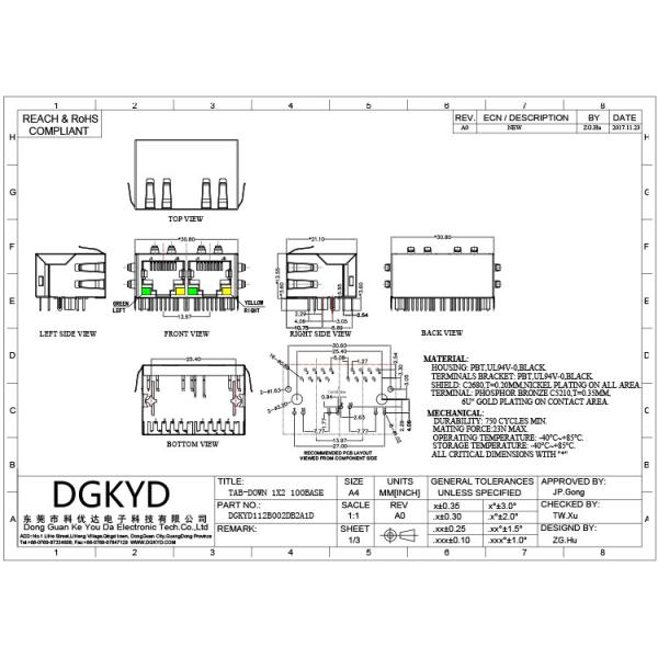Low Profile 1x2 Cat6 RJ45 Multiple Port Connectors DGKYD112B002DB2A1D