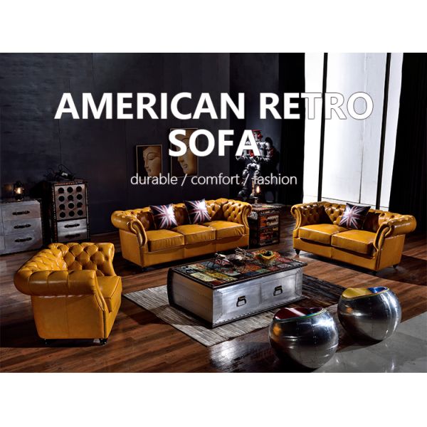 Nidea #8971 American Vintage Three-Seat Genuine Leather Sofa Set Comfortable Durable Cowhide Oil Wax Straight Buckle Hotel Villa