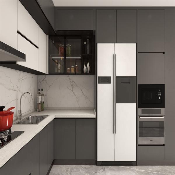 Custom Gray White Particle Board Kitchen Cabinet with PVC Membrane Surface Treatment