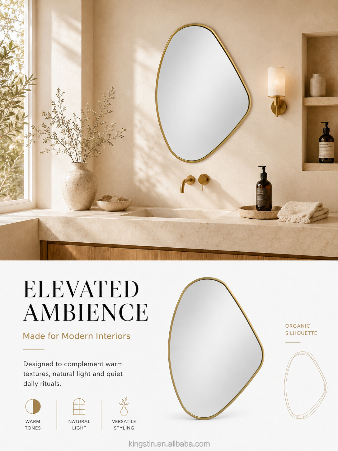 Kingstin Custom Irregular LED Bathroom Mirror, Asymmetrical Backlit Vanity Mirror, Gold Frame Pebble Wall Mirror