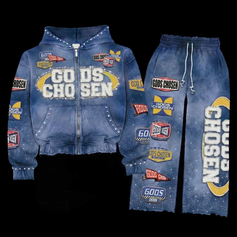 Vintage Acid Wash Heavyweight Rhinestone Patchwork Tracksuit Set