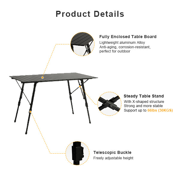 Black Small Foldable Camping Table With Adjustable Legs Lightweight Portable Aluminum Picnic Table
