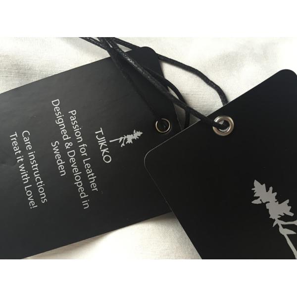 Both Side Silver Logo Art Paper Clothing Hang Tags With Black Waxed Cord