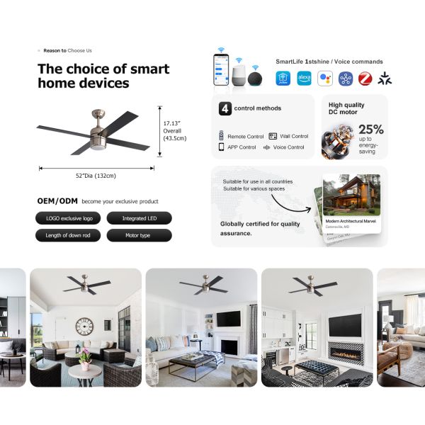 52 Inch Ceiling Fan With Light And Remote Control 4 MDF Blades Modern Fan