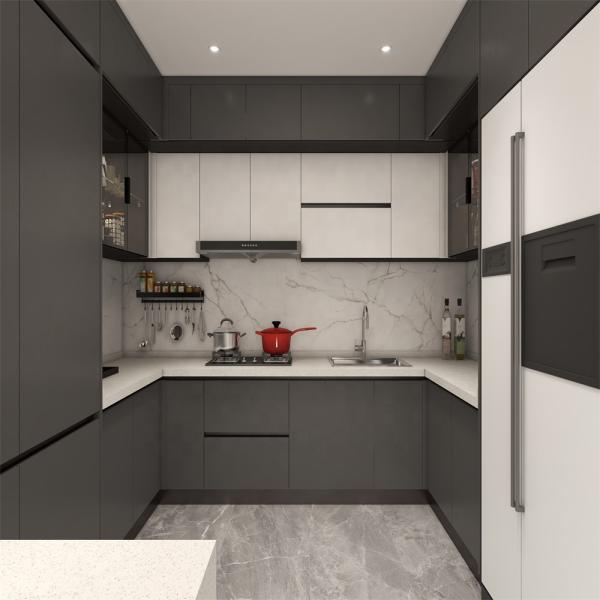 Custom Gray White Particle Board Kitchen Cabinet with PVC Membrane Surface Treatment
