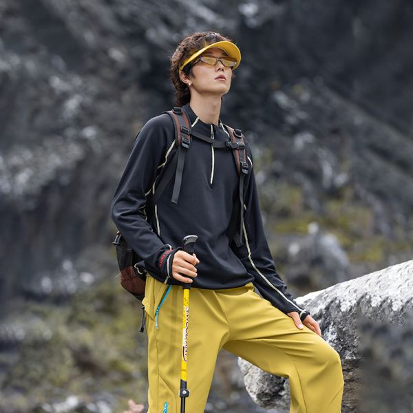 Custom Men's Quarter Zip Stand Collar Thermal Fleece Pullover Antibacterial Contrast Stitching Outdoor Hiking Top