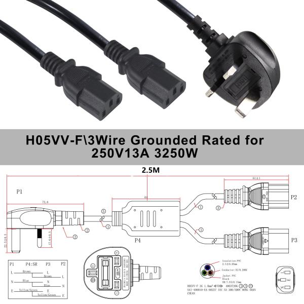 UK BS1363 to Dual IEC C13 Y Splitter Power Cord 1-7M