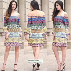 Buy cheap strapless short printed women dress with pattern design in puff sleeve product