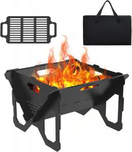 China 18 20 Outdoor Wood Burning with Grill Pan 2 in 1 Metal Portable Firepit with BBQ Tray Foldable Log Stove Fireplace on sale