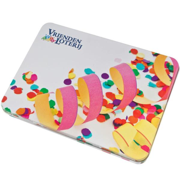 Colorful Tin Candy Container With Seated Base And Hinge , White Bottom