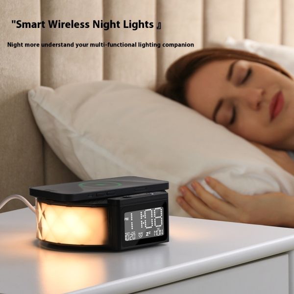 RGB Bedside Night Light 10W Smart Bluetooth Speaker Wireless Charging Lamp Clock Mobile Dock