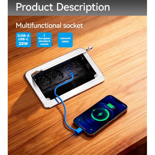 Modern Desktop Embedded Socket with 20W USB Charging Schuko Power Outlets and RJ45 CAT6 Port