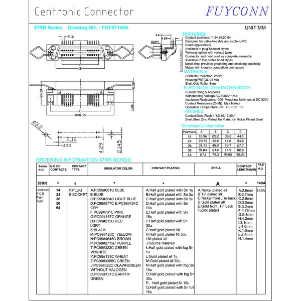 36 Pin Centronic PCB Right Angle Female Connector with Spring Latch