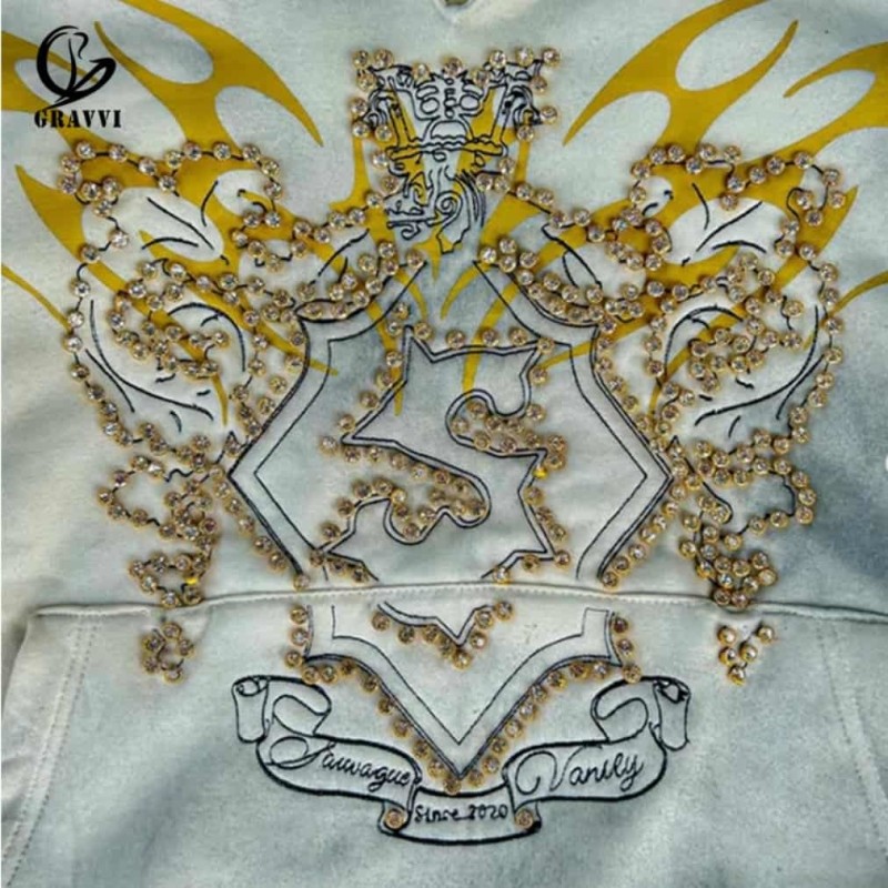 Custom Cool Vintage Rhinestone Flame Heavyweight Pullover Hoodie