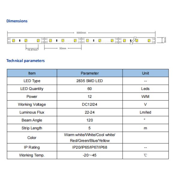 SMD2835 Single Color 60led/M LED Strip Light 2700K 3000K 4000K 6500K For Indoor