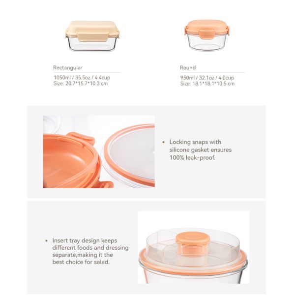 IKOO Leak-Proof Microwave Safe Stackable Glass Lunch Box with Ice Pack and Removable Tray