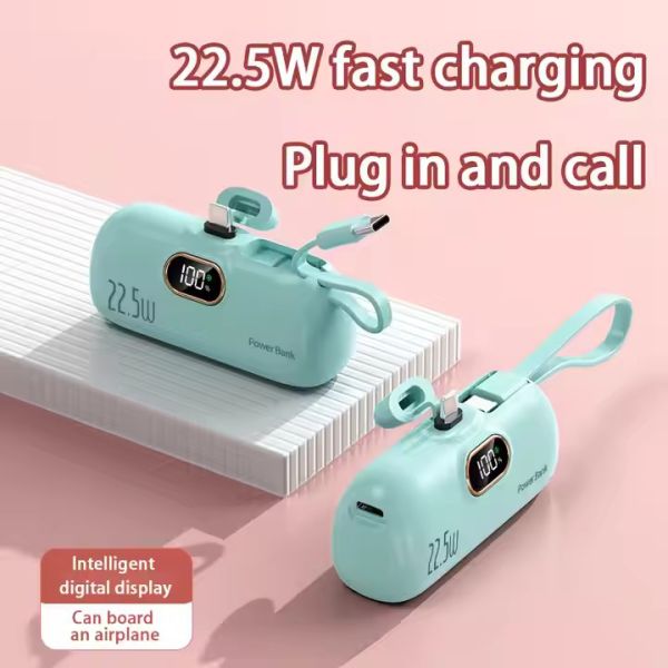 Mini Capsule Power Bank 5000mAh Portable Keychain Charger Wired Fast Charging Li Polymer Battery