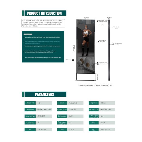 43-Inch Smart Magic Android WIFI Interactive Touch Screen Fitness Mirror Floor Standing for Gym Use
