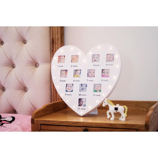 Heart Shape Baby First 12 Months Photo Frame Wooden White With Lights
