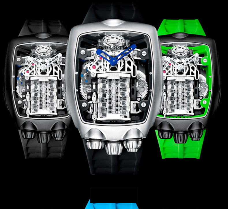 OBLVLO Bugatti‑Inspired V16 Engine Skeleton Automatic Watch, Men’s Tonneau‑Shaped Thick Mechanical Wrist Watch