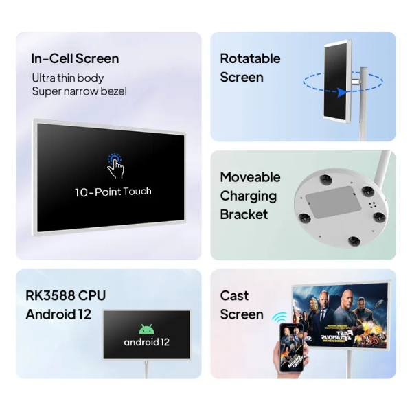 32 Inch Movable Smart Monitor Rollable Touch Screen TV Battery Powered Portable Stand Display Kiosk Factory