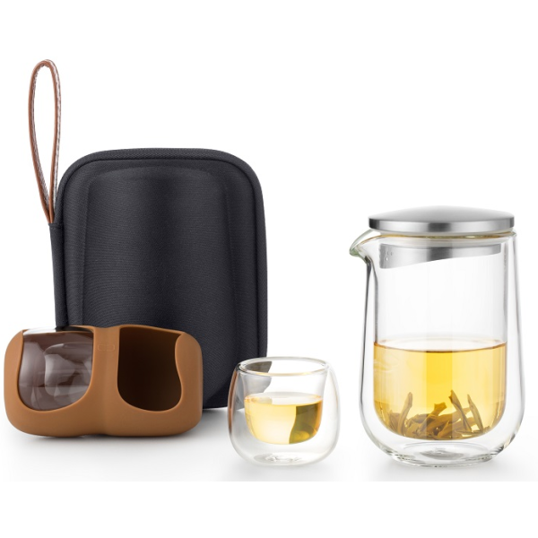Creative Portable Double-Wall Borosilicate Glass Teapot Set 260ml Stainless Steel Lid Eco-Friendly Modern Transparent Travel