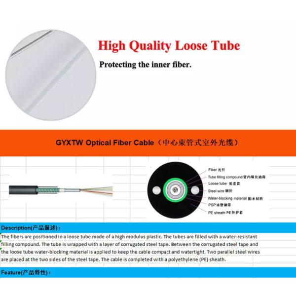 2 Core 12 Core Armored Telecommunication Cable GYXTW-4B1 Central Beam Tube Optical Cable