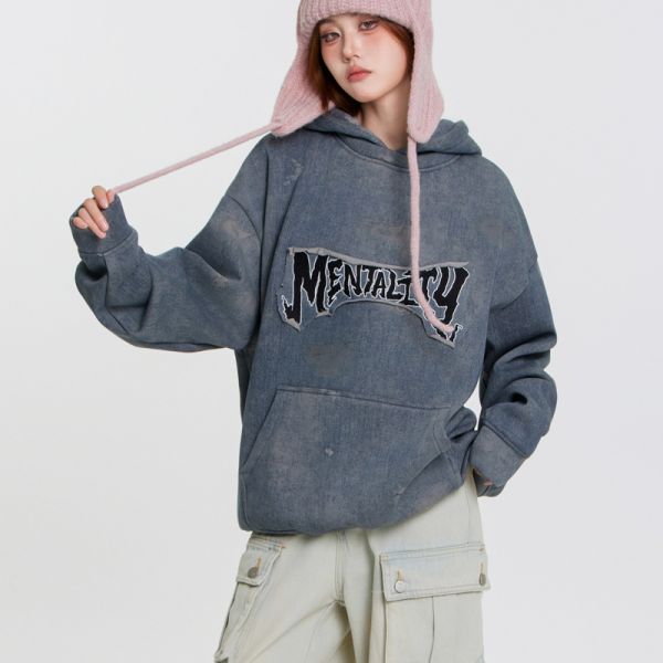 Support Customization Winter High Street Stickers Graffiti Dirt Stains Denim Oversized Hoodies Men's 3D Embroidery Heavy-duty