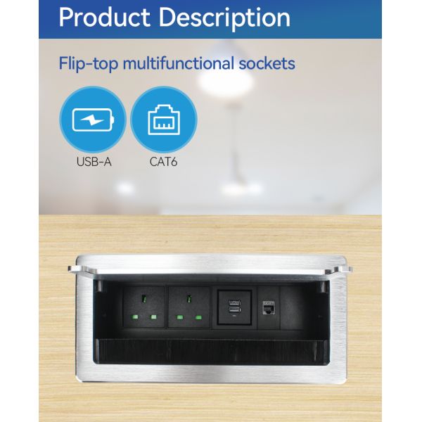 UKCA Certified Flip Up Socket with 2 Type G Sockets 10W USB Charge and CAT6 RJ45 for Conference Rooms