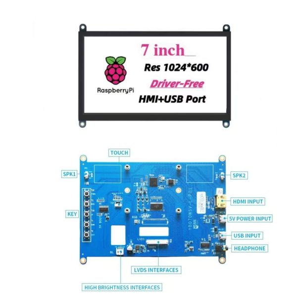 7 Inch 1024x600 HDMI LCD Display with 5-Point Capacitive Touch and Raspberry Pi Compatibility(450/800cd/m² Optional )