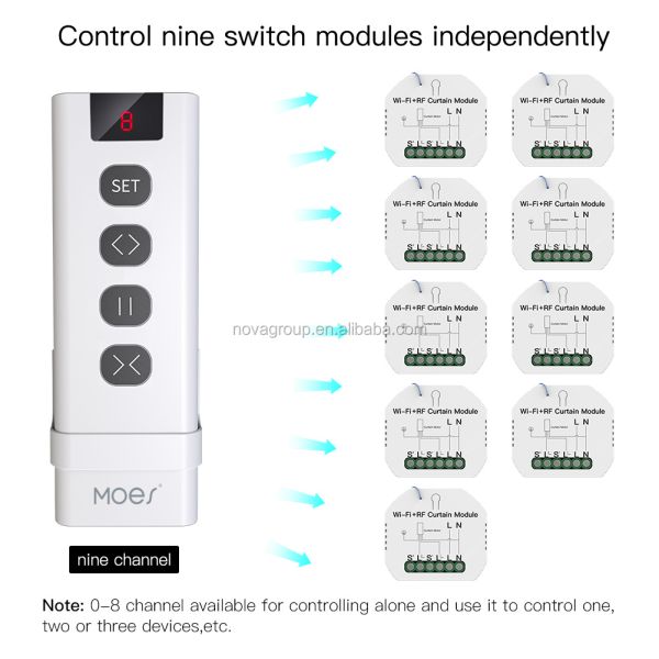 WiFi+RF433 Smart Curtain Switch Module with 9 Channel Remote Control for Roller Bllinds Shutter, Tuya/Smartlife, alexa,