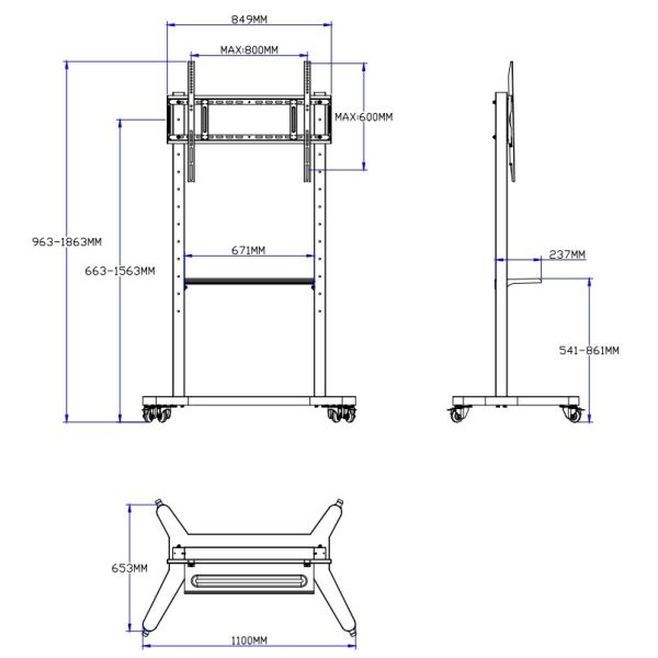 55"- 86" Adjustable Mobile TV Stand With Wheels, Compatibility For 43"-100" Flat/Curved Screens Up To 220 Lbs Steel Frame, 5 Height Options, Rolling