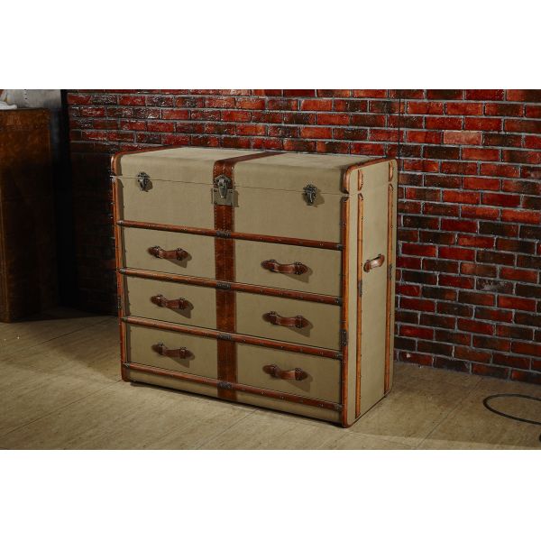 Retro Canvas Brown Leather Storage Chest , Vintage Steamer Trunk 4 Layers Big Cabinet