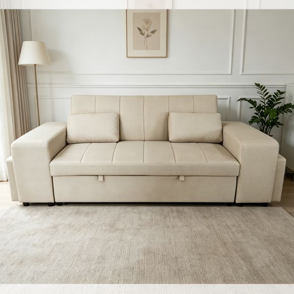 Queen Size Convertible Sleeper Sofa Bed, Comfortable Pull-Out Bed with Adjustable Backrest, Arm with Ottomans, Beige Tech Leather