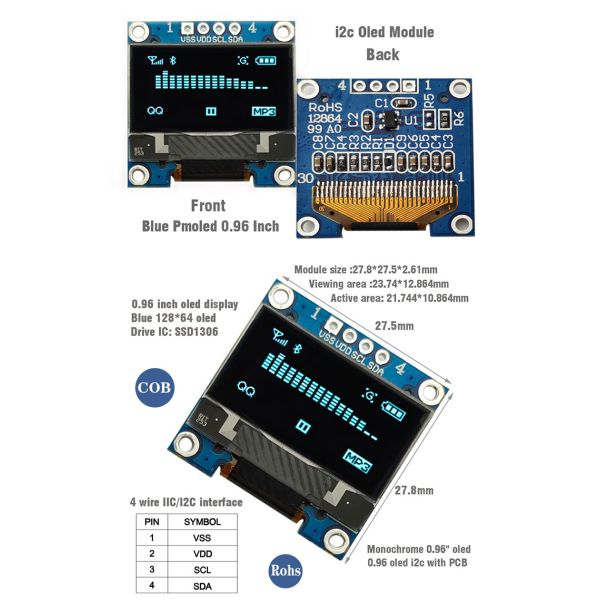 0.96'' I2C OLED Display Module 128x64 Resolution SSD1306 Interface