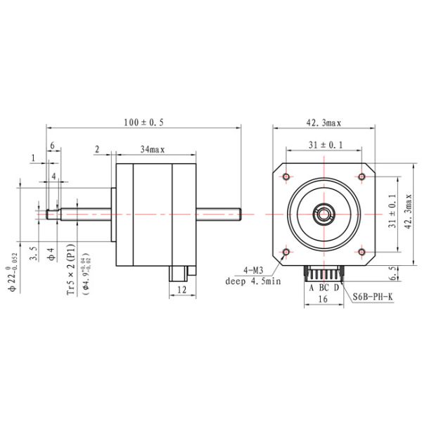 1.33A Non Captive Stepper Motor 42*42*34mm 0.22N.M Tr5*2 NEMA 17